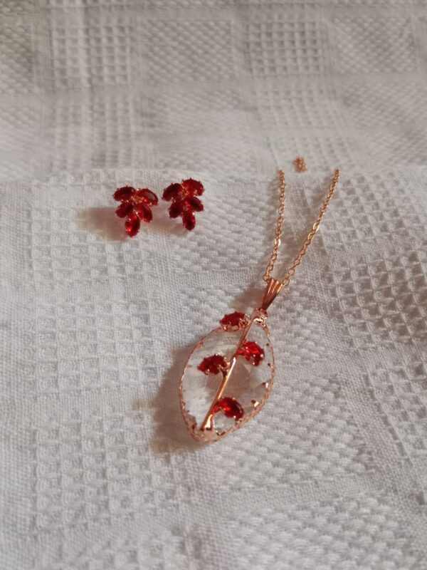Nehyr Red Crystal Leaf Necklace & Earrings Set - Image 3