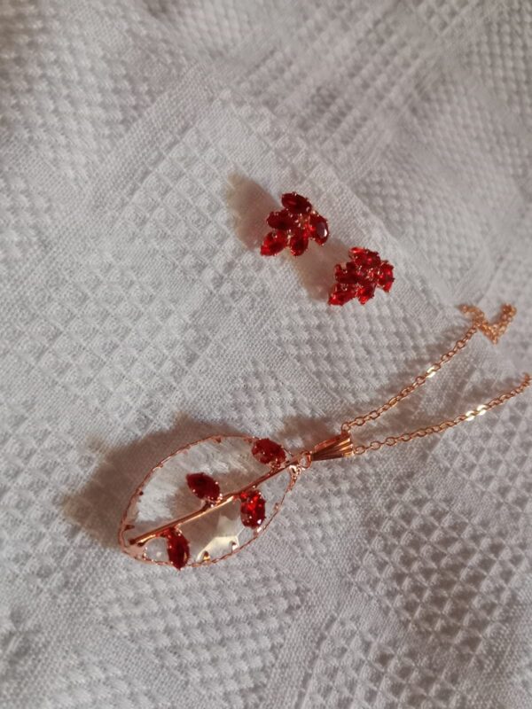 Nehyr Red Crystal Leaf Necklace & Earrings Set - Image 2