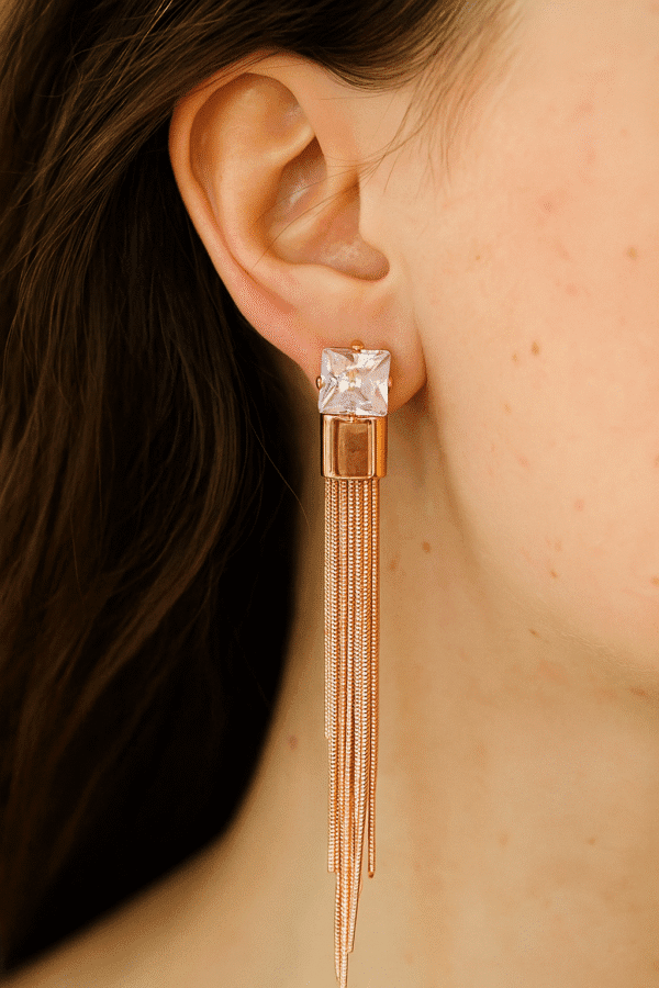 Rose Gold Tassel Earrings with Crystal Stud