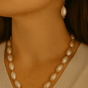 Nehyr Classic Oval Pearl Bead Necklace & Earrings Set