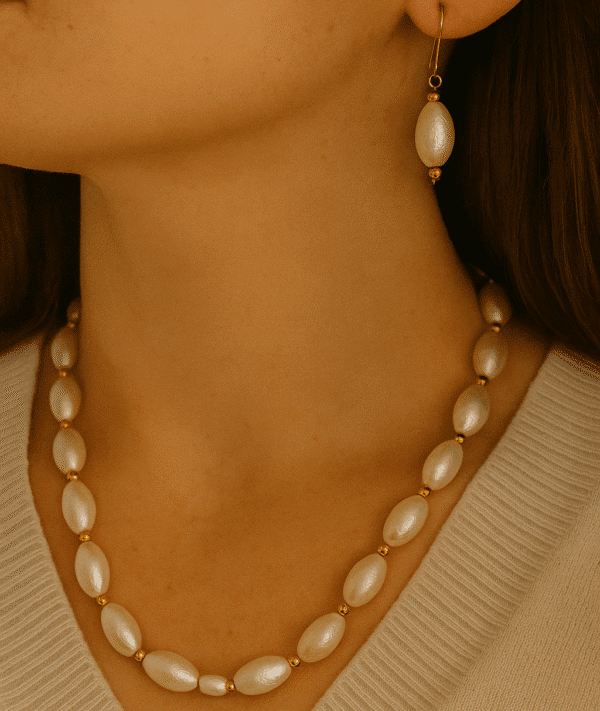 Nehyr Classic Oval Pearl Bead Necklace & Earrings Set