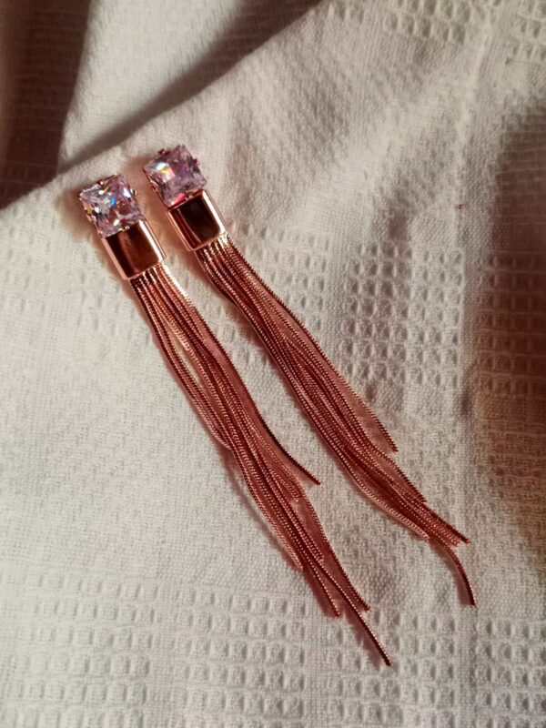 Rose Gold Tassel Earrings with Crystal Stud - Image 2