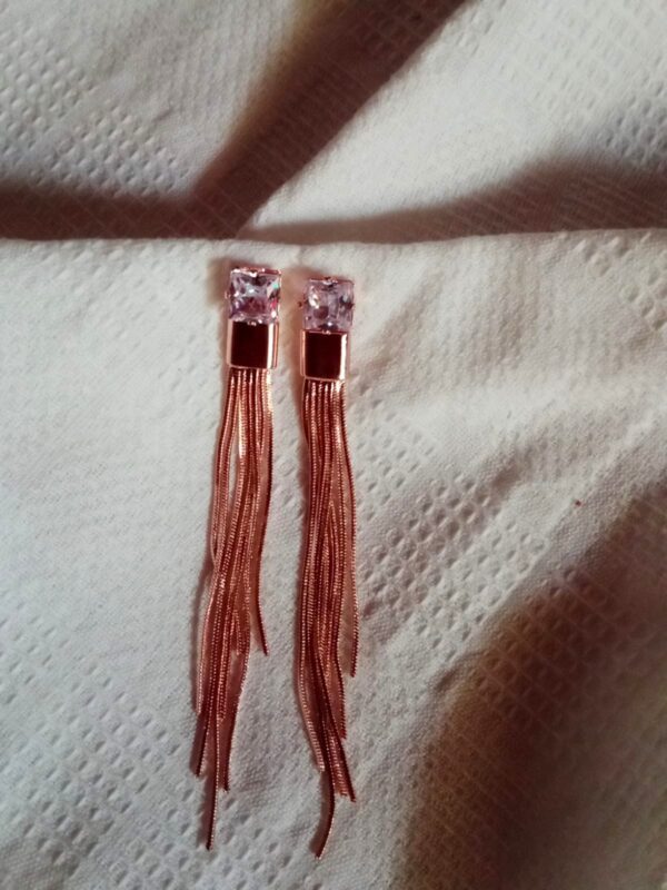 Rose Gold Tassel Earrings with Crystal Stud - Image 3