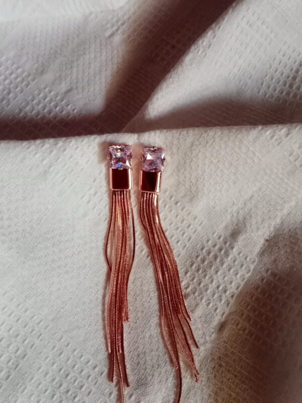 Rose Gold Tassel Earrings with Crystal Stud - Image 4