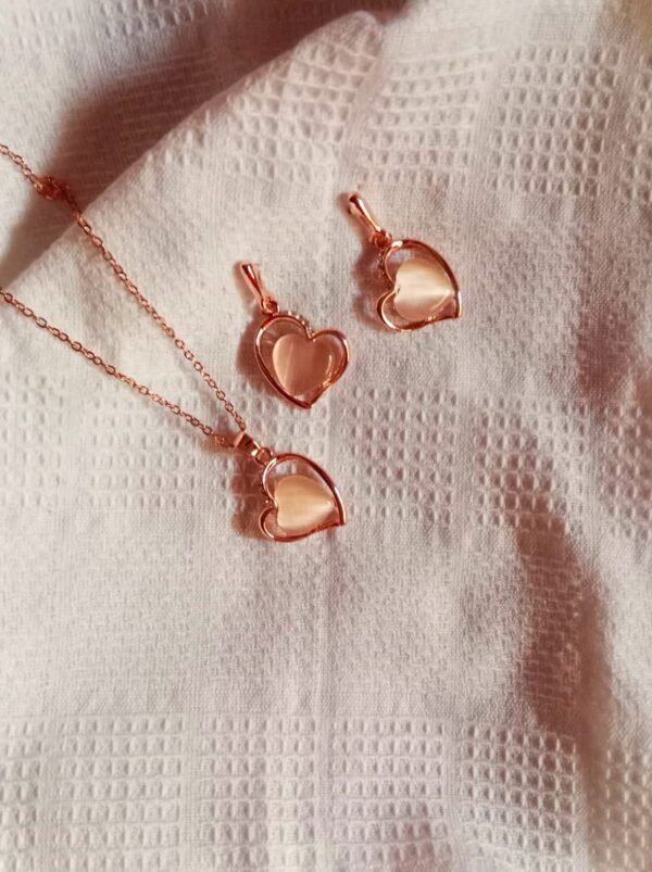 Nehyr Rose Gold Heart Pendant Necklace & Earrings Set with Pink Stone - Image 2