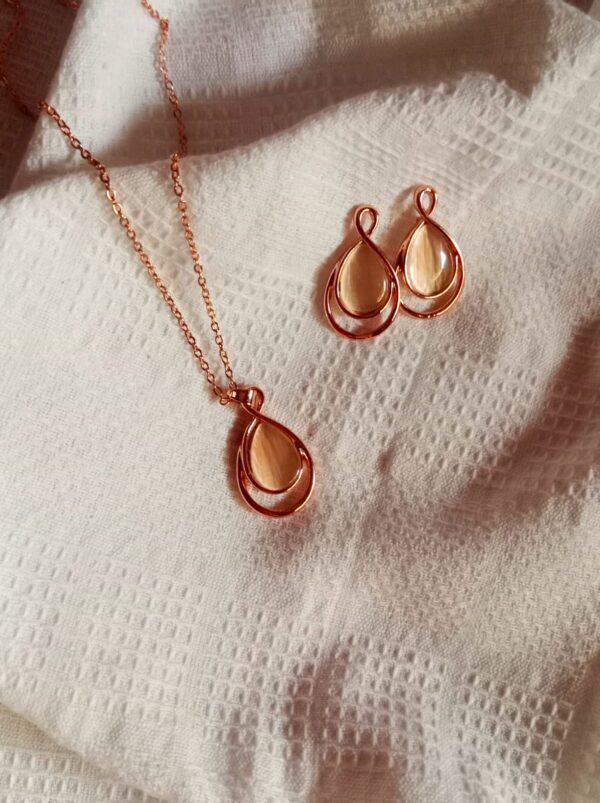 Nehry Rose Gold Elegant Drop Pendant Necklace & Earrings Set with Pink Stone - Image 2