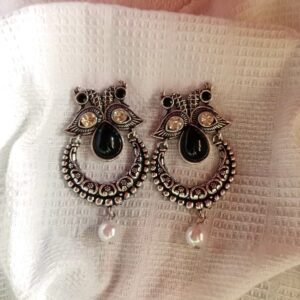 Peacock Design Oxidized Earrings with Stone & Pearl Drop