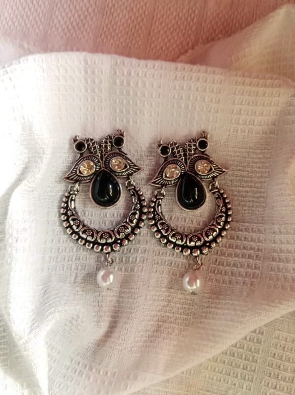 Peacock Design Oxidized Silver Earrings with Stone & Pearl Drop
