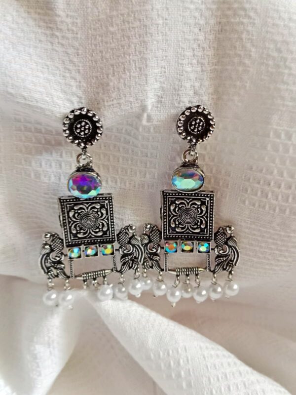 Nehyr Peacock Design Oxidized Silver Earrings with Pearl Drops - Image 3
