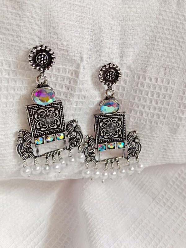 Nehyr Peacock Design Oxidized Silver Earrings with Pearl Drops - Image 2