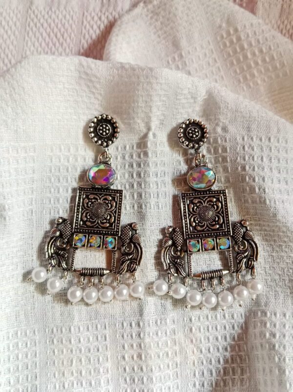 Nehyr Peacock Design Oxidized Silver Earrings with Pearl Drops