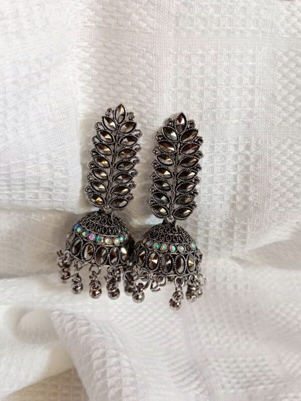 Nehyr Leaf Design Oxidized Silver Jhumka Earrings - Image 2