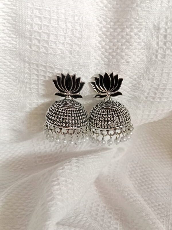 Nehyr Lotus Design Oxidized Silver Jhumka Earrings