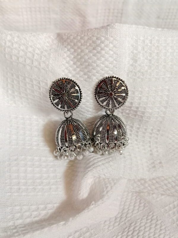 Antique Silver Oxidized Jhumka Earrings - Image 2