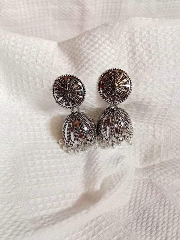 Antique Silver Oxidized Jhumka Earrings - Image 3